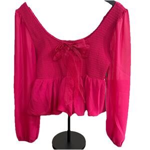 LIFE Hot Pink Smocked Blouse with Sheer Sleeves and Ribbon Bow Accent Size M